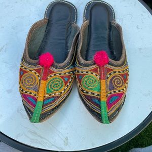 Embroidered imported slippers , leather bottom, pointed toe